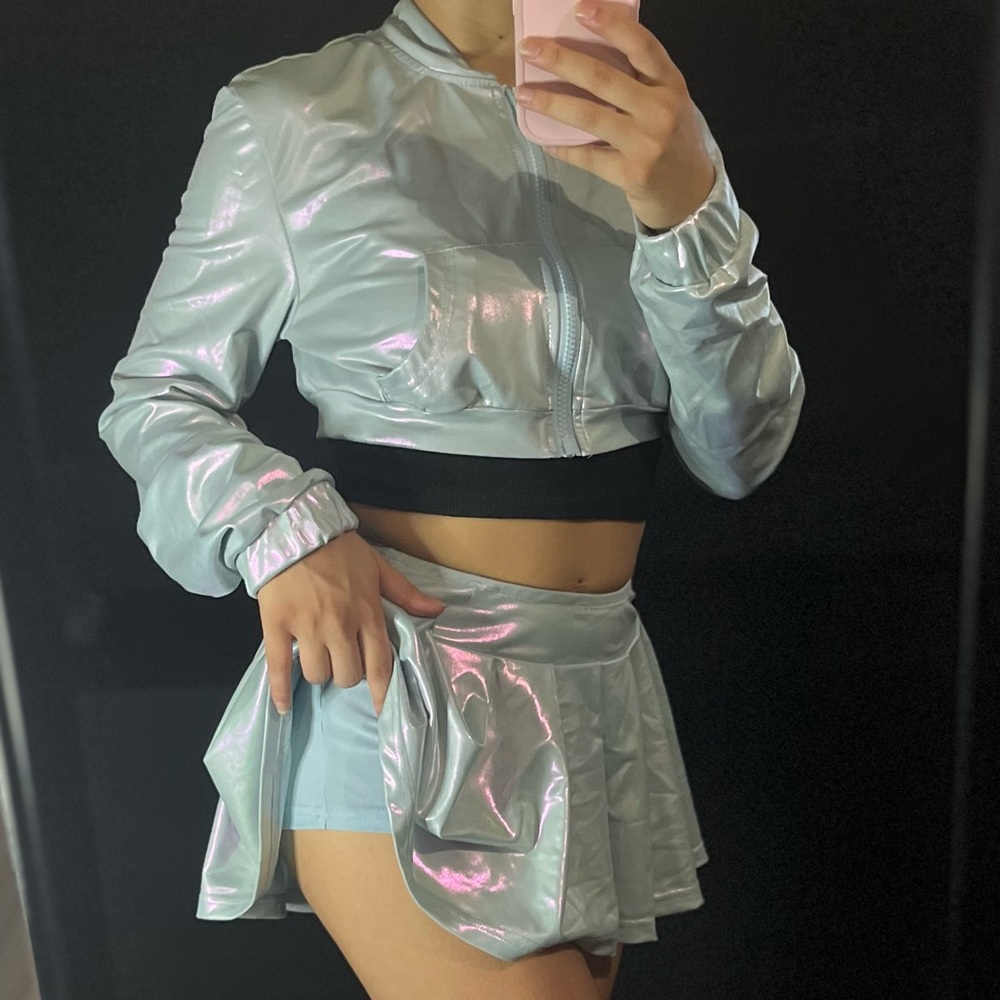 Blue Holographic Rave Set Jacket plus Mini Skirt